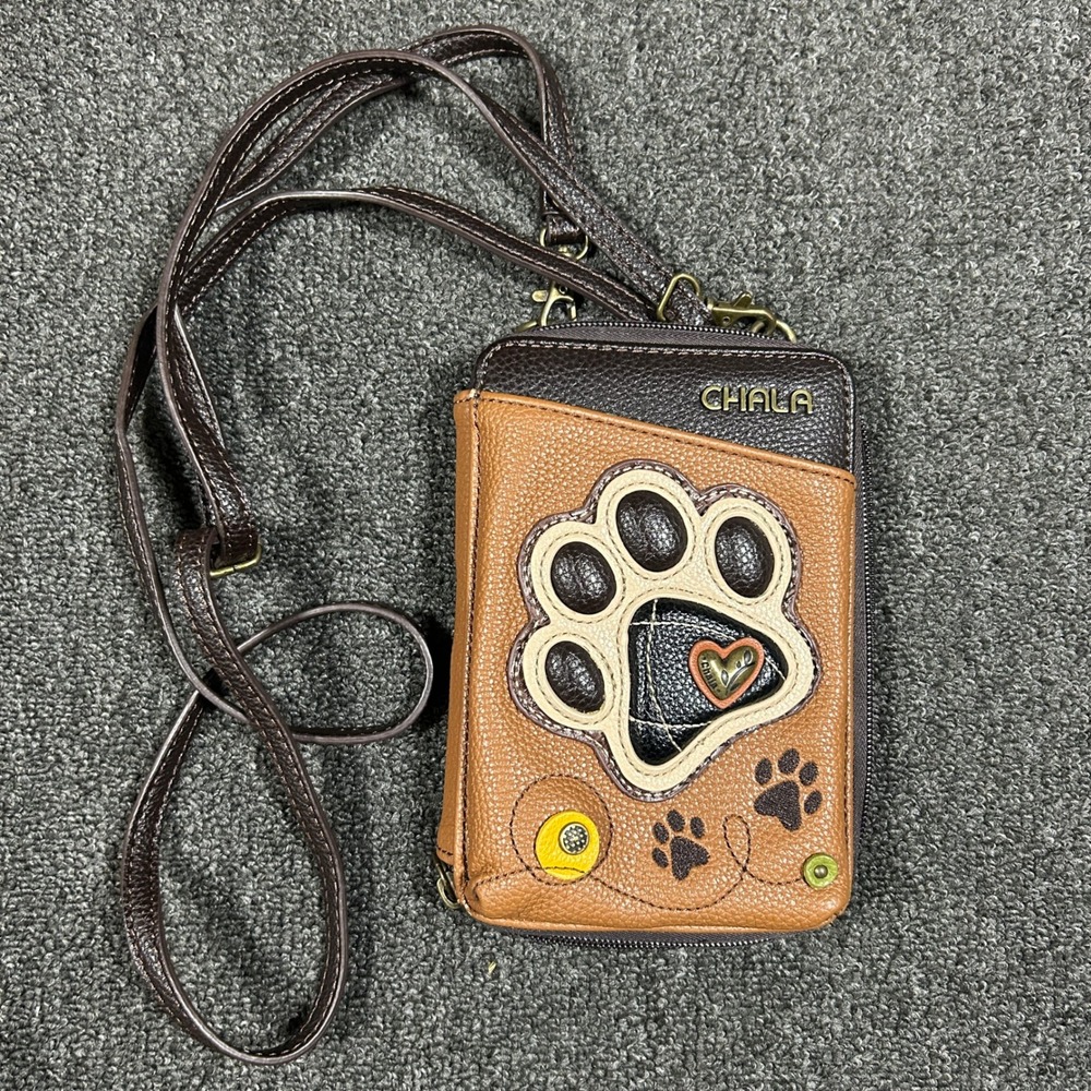 Chala Paw Print Crossbody Cell Phone Purse Wallet Brown Faux Leather Good